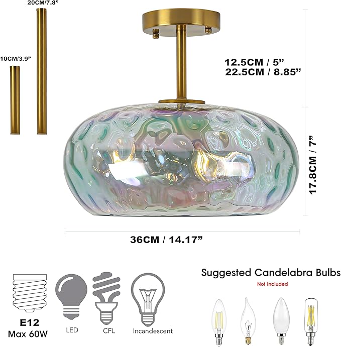 Semi Flush Mount Ceiling Light, 14" Large 3-Lights Ceiling Light Fixture with Iridescent Hammered Glass Shade, Modern Chandelier for Hallway Entryway Foyer Bedroom, Brass/Gold