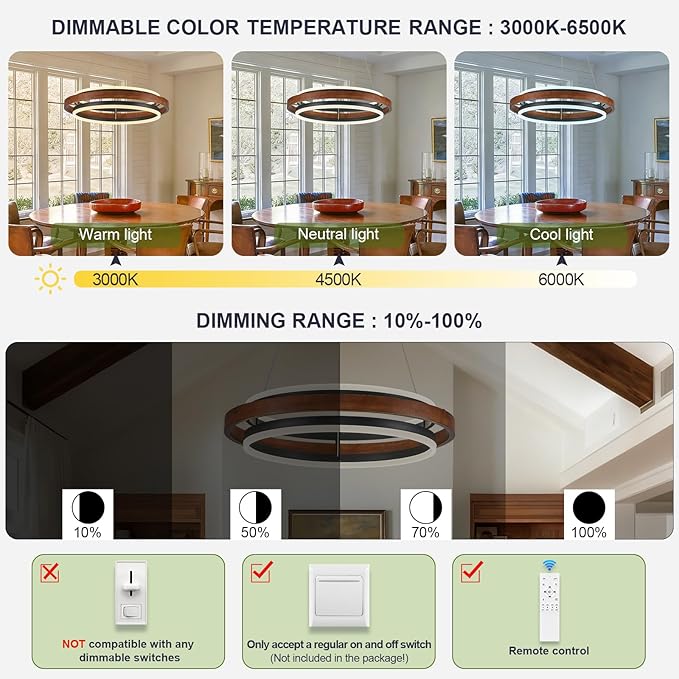 Benkut Wooden LED Chandelier Farmhouse Walnut Color 24" Round Pendant Light, Dining Room Light Fixtures with Remote Control, 2 Ring Wood Chandelier Dimmable for Kitchen Island Entryway Living Room