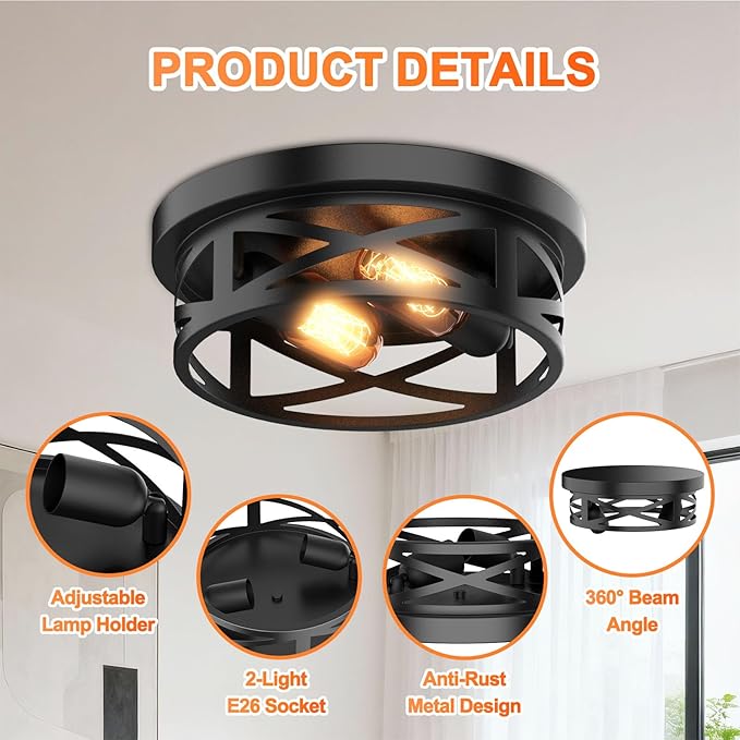 Flush Mount Ceiling Light Fixture - 2 Light Modern Farmhouse Close to Ceiling Light Fixtures 10.63inch for Hallway, Kitchen, Entryway, Bedroom, E26 Socket