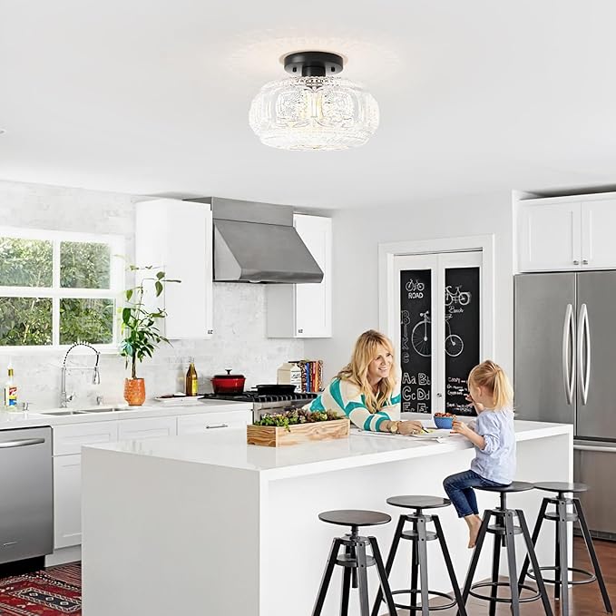 Semi Flush Mount Ceiling Light, Upgraded Larger Black Glass Ceiling Light Fixture, Vintage Lighting for Hallway Kitchen Bedroom Dining Room, Bulb Not Included