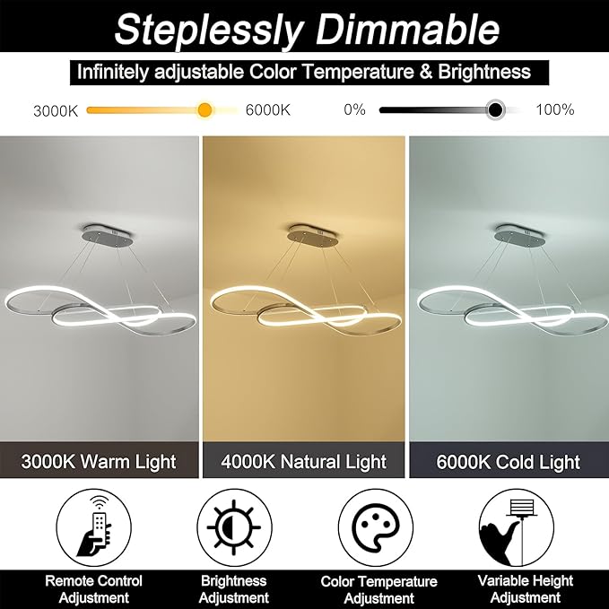 Led Chandeliers for Dining Room,Modern Led Pendant Light Fixture, Dimmable Adjustable Height Music Note Shape Hanging Lamp with Remote Control White Iron Ceiling Light Fixture for Kitchen Island