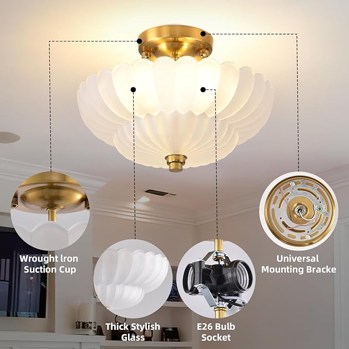 Semi Flush Mount Ceiling Light, 11.8 Inch Gold Vintage Hallway Light Fixture with Frosted Glass, Close to Ceiling Light for Bedroom Kitchen Living Room Bathroom Foyer, E26 Base