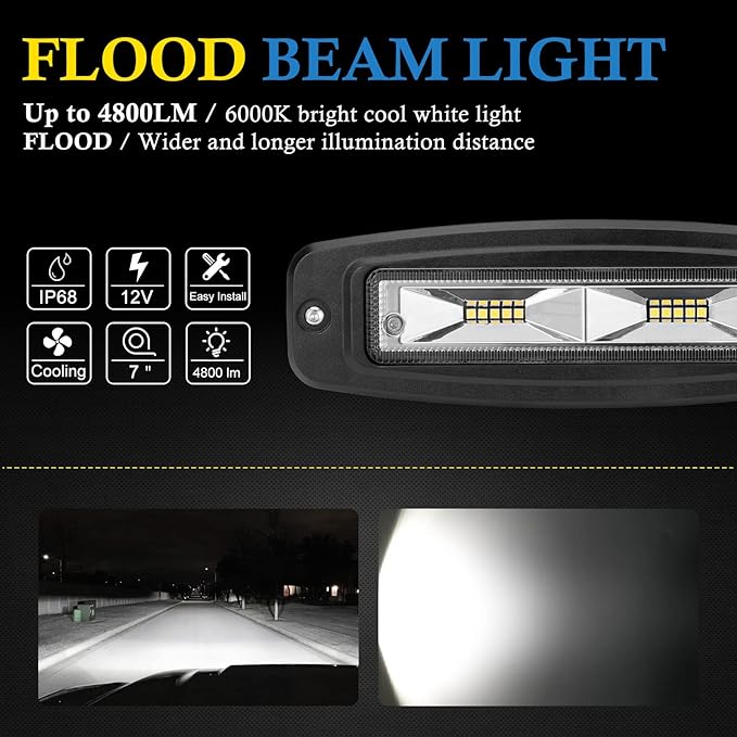 BUNKER INDUST 7" Inch Flood LED Light Pods,Pair Flush Mount LED Work Light 4800LM Light Bar Backup Driving Lights Waterproof for Truck Tractor Off Road 4x4 Jeep Pickup SUV ATV UTV Golf Cart