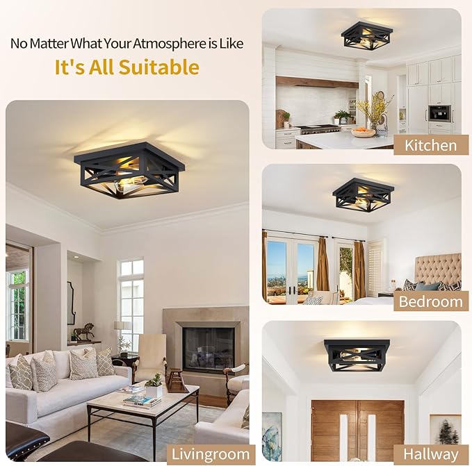 ZHU YAN Farmhouse Ceiling Lights Flush Mount,2-Light Hallway Light Fixtures,Square Black Flush Mount Ceiling Light Fixture for Bedroom Living Room Kitchen Hallway E26