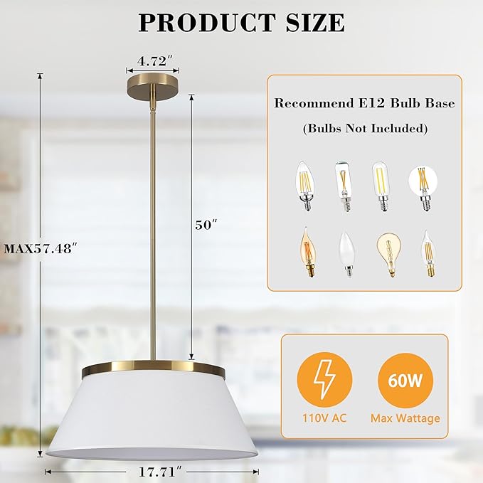 Modern Chandelier with White Fabric Shade Gold and Brass Finished Adjustable 4-Lights Pendant Lighting Fixture for Kitchen Island Dining Room and Restaurant