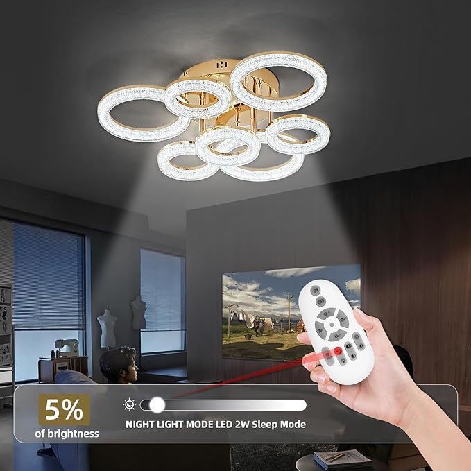 OKELI Modern Ceiling Light, 7 Rings 23'' Dimmable LED 106W Flush Mount Ceiling Lights with Remote Acrylic Crystal Round Ceiling Light Fixture, Bedroom Living Room Dining Room, Gold