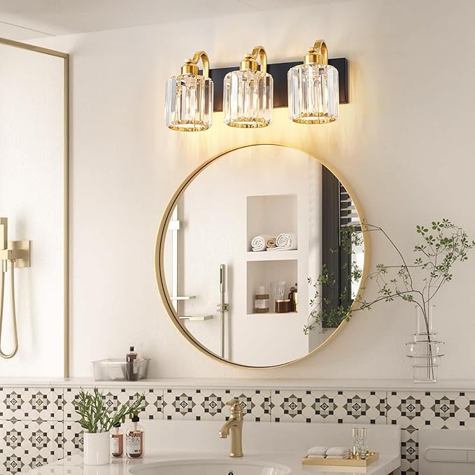 Modern Crystal Bathroom Vanity Lights, Black and Gold 3-Lights Bathroom Light Fixtures Over Mirror, Crystal Wall Lighting for Mirror Bedroom Living Room (Exclude Bulb)