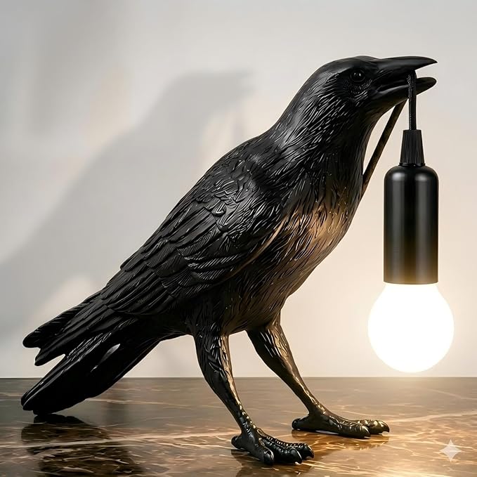 Shandaglo Raven Lamp Gothic Decor, Black Crow Table Lamp with LED Bulb, Unique Dark Aesthetic Night Light for Bedroom Desk, Halloween Home Decoration Gift