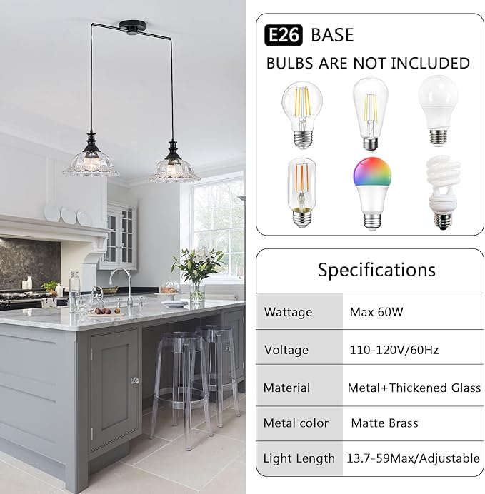 HDDFL 2 Light Pendant Light Fixtures Modern Glass Hanging Lights with Adjustable Cord for Kitchen Island Dining Room Living Room Hallway Black Metal