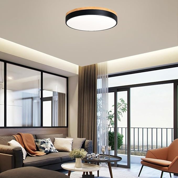Modern Wood Flush Mount Ceiling Light, Black LED 5CCT 2700K-6000K Dimmable Ceiling Light Fixtures, Round Close to Lighting Fixture for Kitchen Living Room Dining Room Bedroom-15.8in