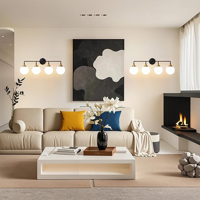 Bathroom Light Fixtures, 4-Light Black Gold Bathroom Vanity Lights Over Mirror, Modern Farmhouse Wall Sconce Lighting with Milk White Glass Ball Shades
