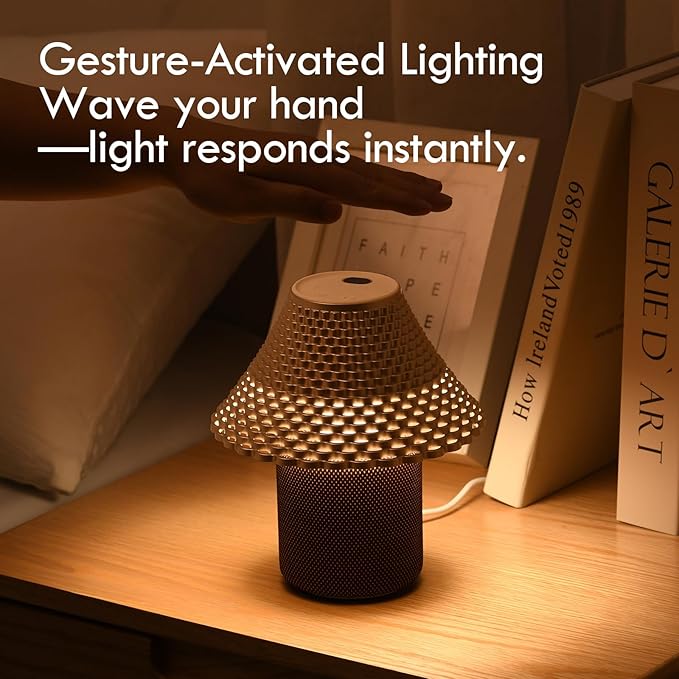 Bedside Table Lamp with White Noise Machine - 10 Soothing Sounds, Gesture Control Sensor & Dimmable Night Light - 30/60/90 Min Auto-Off Timer for Sleep, Nursery, Office & Home Decor- Gold