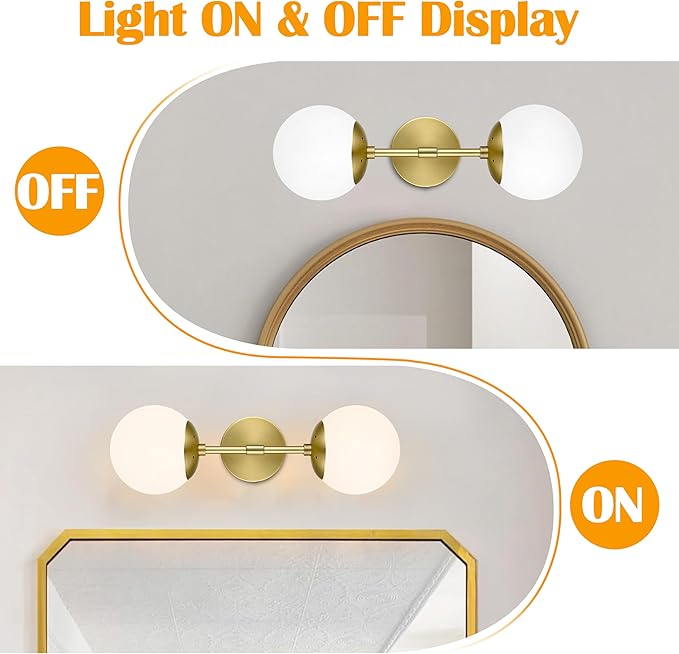 KoKo&Yukina Mid Century Modern Bathroom Lights Gold Vanity Light Fixtures Globe Sconce 2-Light Bathroom Gold Vanity Light Mid Century Glass Globe Wall Lights