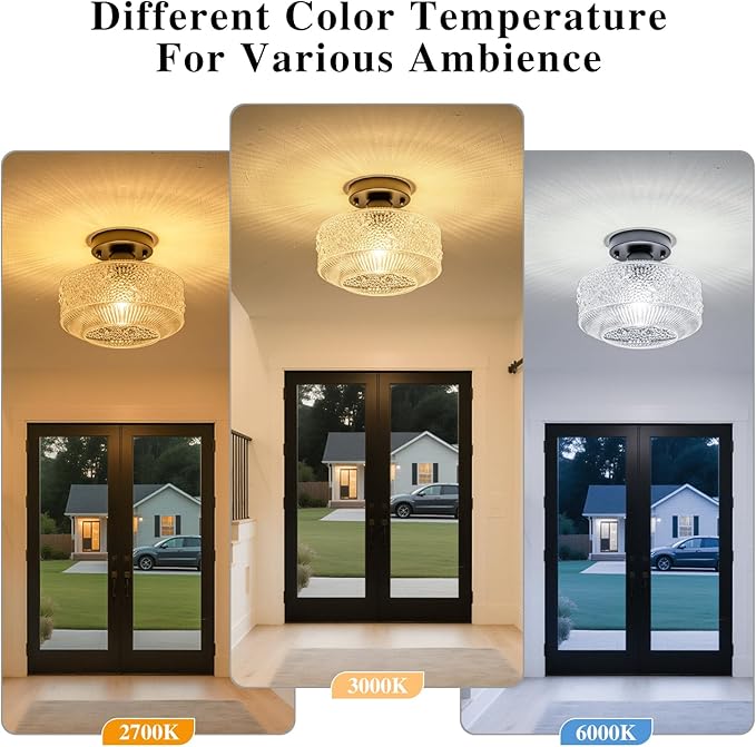 Semi Flush Mount Ceiling Light, 9 Inch Modern Small Ceiling Light Fixture with Thickened Glass & Stone Floral Pattern, Black Metal Base for Hallway Kitchen Bedroom Hotel Cafe