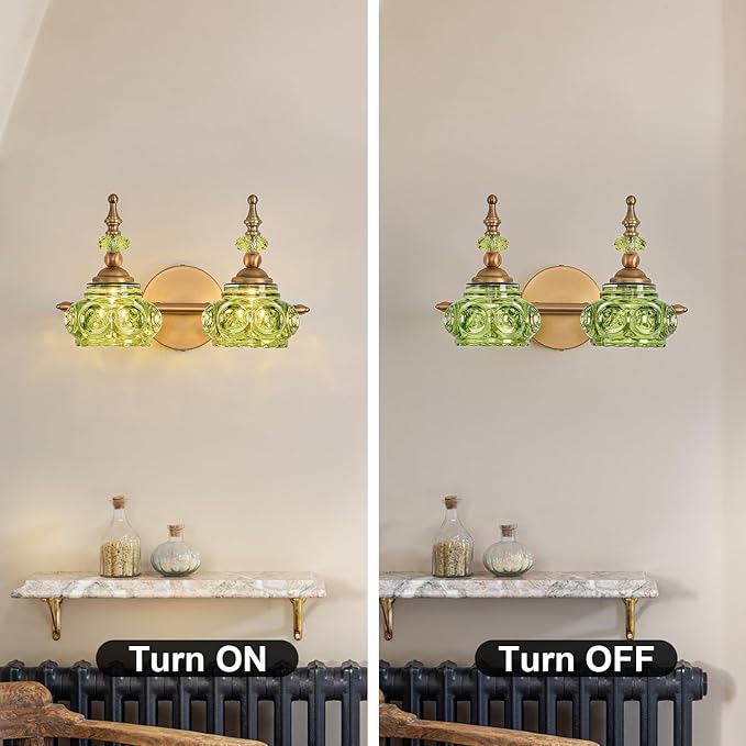Green 2-Light Vintage Vanity Light Fixtures with Crystal Glass Shade, Rust-Proof and Durable Bathroom Lighting Wall Sconce for Bathroom Bedroom Living Room Hallway