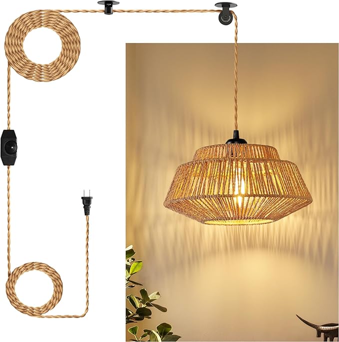 Epinl Hanging Lamp Plug in Pendant Light - Boho Hanging Light 11.8 inch Rattan Pendant Lights for Ceiling Dimmable Hanging Lamps for Living Room Bedroom Kitchen Farmhouse with 23ft Cord