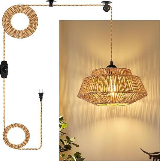 Epinl Hanging Lamp Plug in Pendant Light - Boho Hanging Light 11.8 inch Rattan Pendant Lights for Ceiling Dimmable Hanging Lamps for Living Room Bedroom Kitchen Farmhouse with 23ft Cord