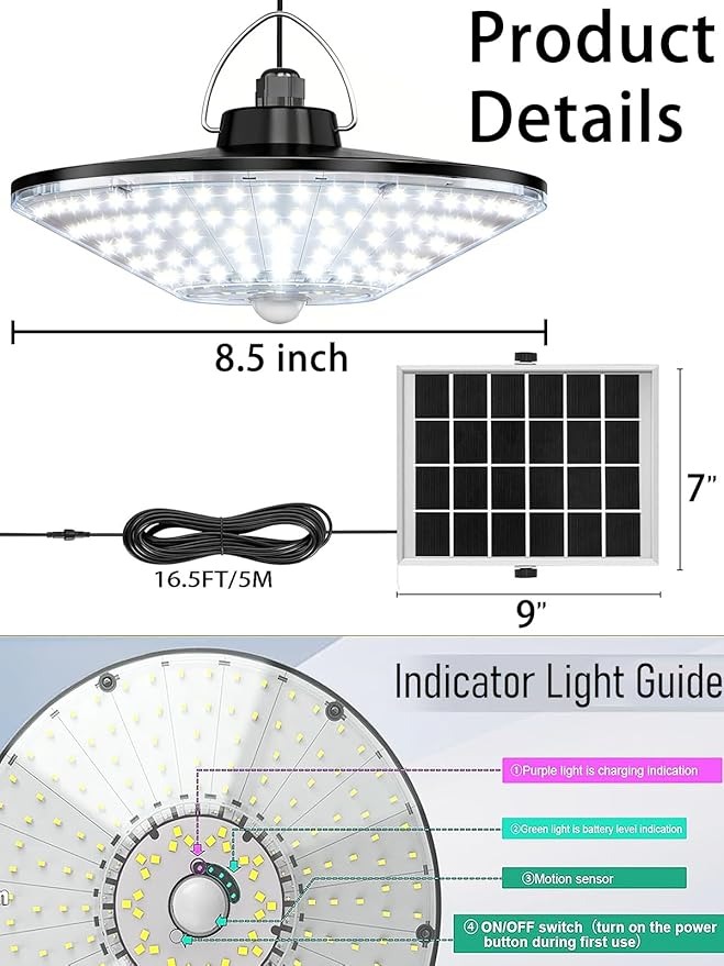 Solar Lights Indoor Outdoor, Solar Pendant Lights with Motion Sensor & Remote, 198 Bright LEDs, 5 Lighting Modes, Waterproof Energy Efficient for Shed Barn Chicken Coop Gazebo Garage Day & Night