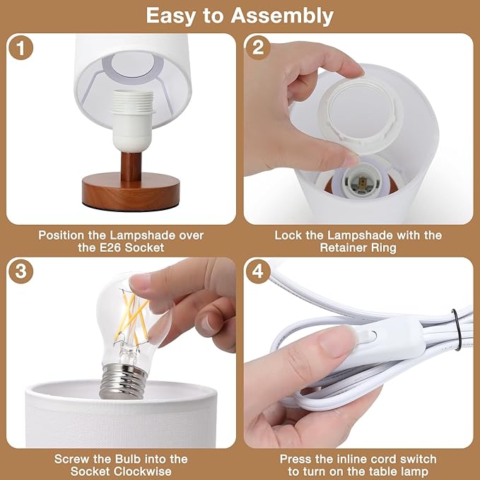 Fenmzee Small Table Lamp for Bedroom - Inline Control, Bedside Lamp with 3000K A15 LED Blub, Easy Assembly (White Shade - Walnut Base, 9" Inline Control)