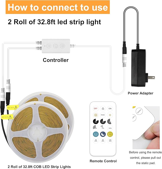 AXMOTUT 65.6ft COB LED Strip Light Warm White, High Bright LED Strips with 320LEDs, RF Remote and UL Power Supply, 2700K Dimmable LED Lights for Bedroom,Kitchen, DIY Home Decoration, 2 Rolls of 32.8ft