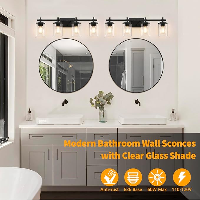 4-Lights Matte Black Bathroom Light Fixture, Modern Black Vanity Lights Over Mirror with Clear Glass Shade, Bathroom Wall Mounted Lamp for Mirror Living Room Hallway Cabinet