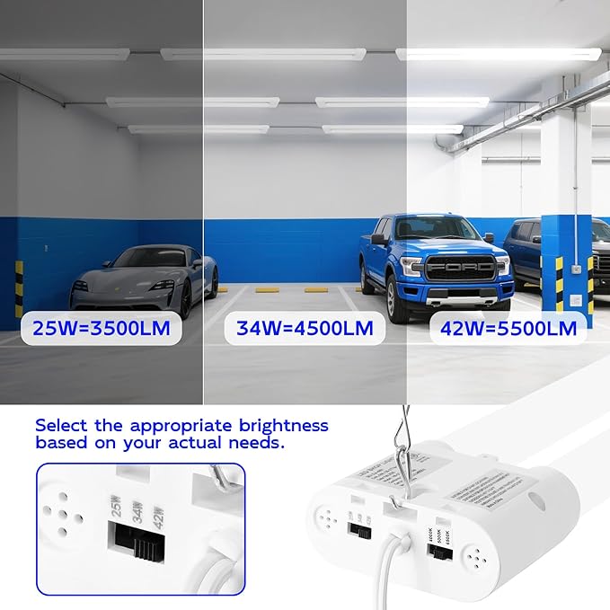 hykolity LED Shop Lights 4FT, 3CCT Selectable 4000K/5000K/6500K,Adjustable 25W/34W/42W, 5500LM Linkable Shop Lights for Garage, Ceiling or Hanging Mount, 2 Pack
