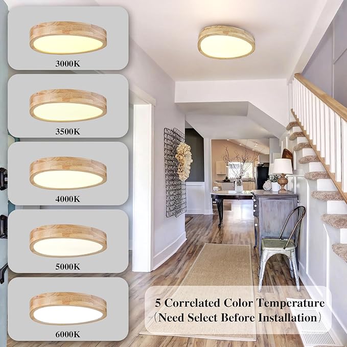 EDISLIVE Wood Oval LED Ceiling Light,14.6" Dimmable LED Flush Mount Lighting Modern Low Profile Light Fixture 5-Step Color Selectable (3000K-6000K) for Kitchen Bedroom Living Room Foyer
