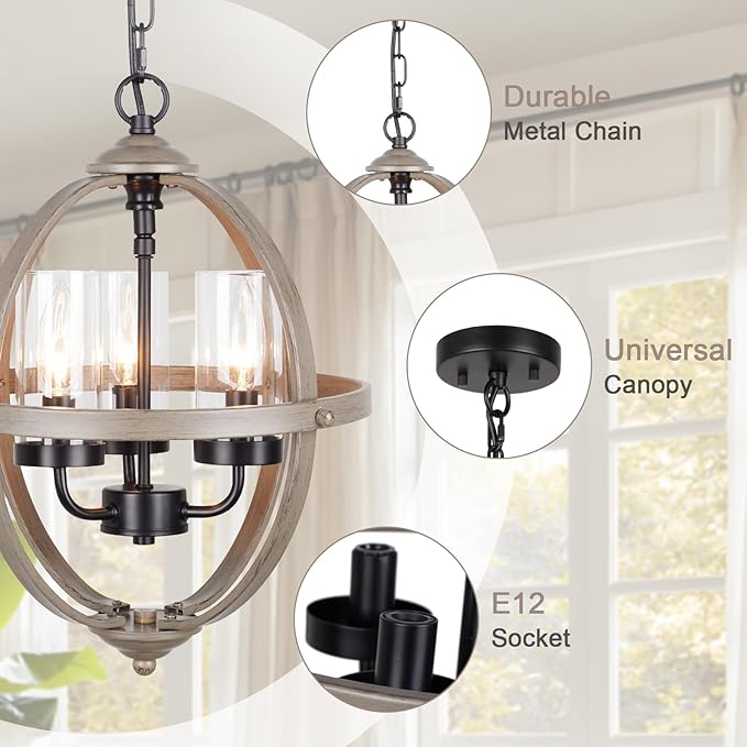 Farmhouse Chandelier, 14" Industrial Rustic Globe Sphere Orb Chandelier Wood Grain, 3-Light for Dining Room Entryway Kitchen Island Foyer