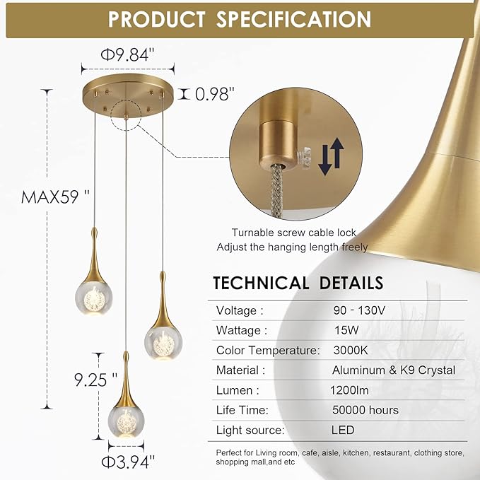 3 Light Gold Pendant Lighting, 15W Modern Dimmable LED Teardrop Crystal Chandelier Cluster Pendant Light for Kitchen Island Dining Room Hallway Bathroom 3000k Warm White