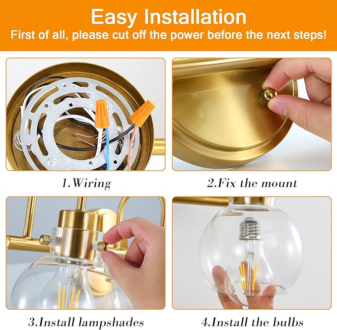 3-Light Vanity Light, Brushed Brass Bathroom Light Fixtures, Farmhouse Wall Sconces with Globe Clear Glass Shade, Porch Wall Mount Lamp for Mirror, Kitchen, Porch, Living Room, Workshop (E26 Base)