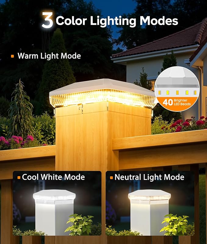 12 Pack Solar Post Cap Lights with 3 Modes, 40 LEDs 4x4 Fence Post Solar Lights Outdoor Waterproof, 30 Lumens Fence Deck Post Lights Solar Powered for 4x4 3.5x3.5 Vinyl Wooden Posts
