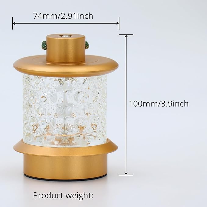 HAPYGI Portable Lantern Table Lamp - Dimmable Cordless Night Light with 3 Color Temperatures, Rechargeable Metal & Glass Outdoor Indoor Lamp for Patio Bedroom Bathroom Decor (Gold)
