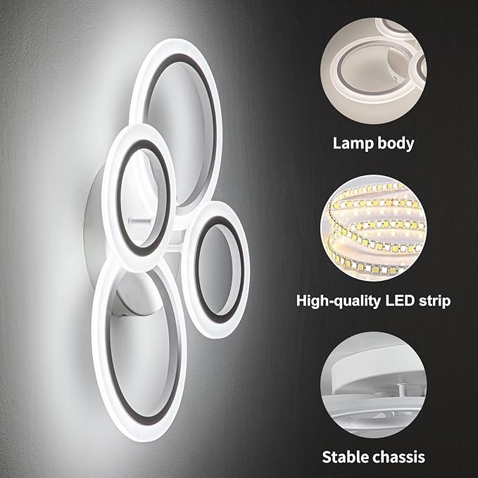 Shine LUEST 34W LED Ceiling Light with Remote, 3000-6000K Dimmable Modern Flush Mount Ceiling Lighting Fixture White 4 Rings Round Chandelier Ceiling Lamp for Small Room, Bedroom