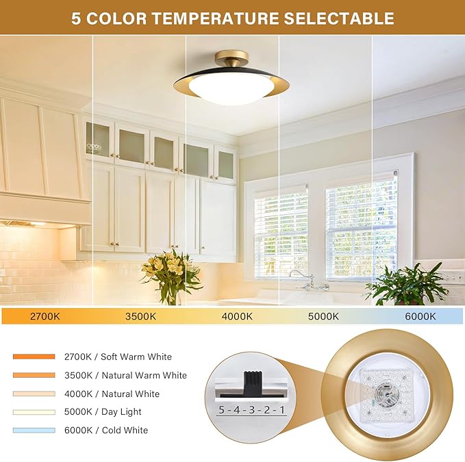 Dimmable Modern Mid-Century Ceiling Light, Black and Gold LED Semi Flush Mount Ceiling Light, 5CCT 2700K-6000K Lighting Fixture Ceiling Lamp with Glass Shade for Bedroom Kitchen Living Room, 15.8in