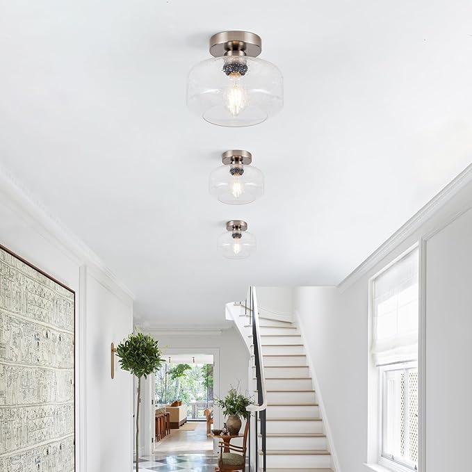 Tbaoinal Semi Flush Mount Ceiling Light Seeded Clear Glass Shade Matal Base Inclede LED Bulb, Low-Profile for Kitchen/Hallway/Entryway/Bathroom,Matte Silver