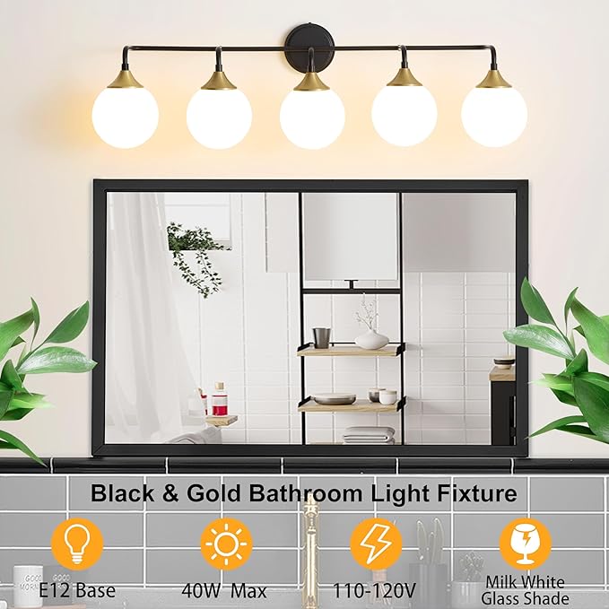 Black Gold Bathroom Light Fixtures, Modern Vanity Lighting Over Mirror, Mid Century Brushed Brass Wall Sconce 5-Light with Milky White Glass Ball Shades