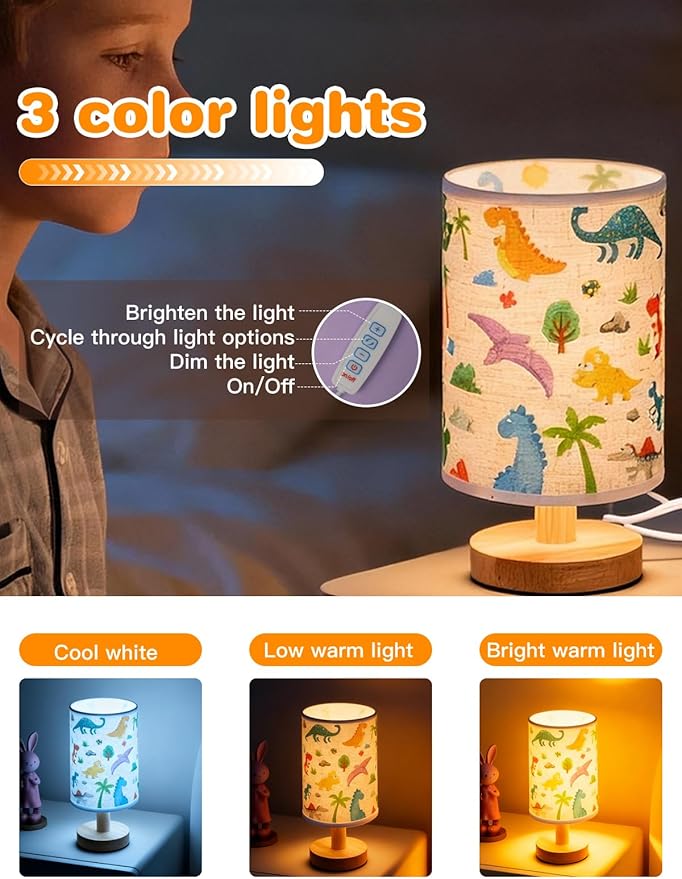 Dinosaur Lamp, Dinosaur Room Decor for Boys, 3 Level Dimmable Wood Nightstand Desk Base Flaxen Fabric Shade for Bedroom Living Room, Dino Gifts for Boys