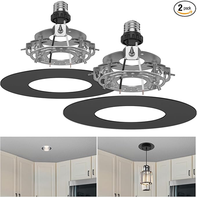 5 and 6 inch Recessed Can Light Conversion Kit, Ceiling Light Fixture Upgrade, Pendant & Hanging, 7¾ Inch Flat Steel Ceiling Medallion, Black Finish 2 Packs