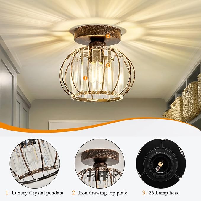YYJLX Semi Flush Mount Ceiling Light Fixture E26 Mini Crystal Chandelier Oil Rubbed Bronze Small Ceiling Lamp for Entryway Bedroom Bathroom Hallway Closet Foyer Light