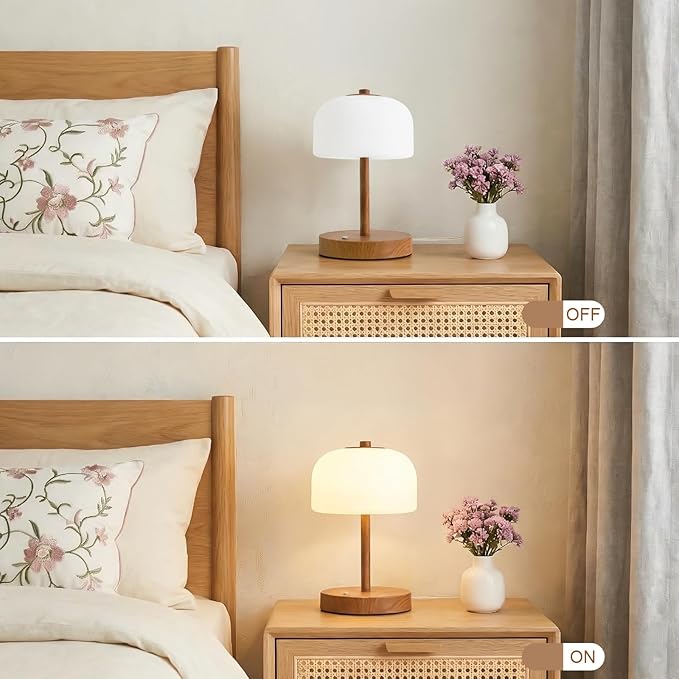 Oneach 9.5" Touch Control Table Lamp with USB A+C Charging Ports, Corded Wood Grain Dimmable LED Bedside Lamp with 3 Color Temperatures, Small Modern Table Lamps for Bedroom Nightstand Living Room