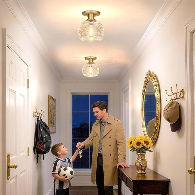 Brass Gold Semi Flush Mount Ceiling Light Fixture, Farmhouse Bathroom Light with 7.09in Glass Shade, Vintage Hallway Lights Fixture, Small Close to Ceiling Lighting for Porch Corridor Kitchen Entryway