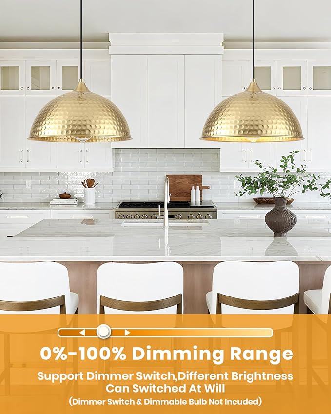 Gold Pendant Lights Kitchen Island 12 Inch, Vintage Hammered Pendant Light Fixtures Adjustable Height Dome Pendant Light for Dining Room Bedroom Bar