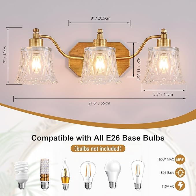 22" Gold Bathroom Light Fixture, 3 Light Brass Vintage Vanity Light, Antique Gold Finish with Crystal Glass Shade, Suit for Bathroom, Bedroom or Hallway
