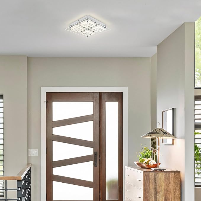 Crystal Ceiling Light LED Square Hallway Light Fixture Dimmable Flush Mount Ceiling Lights 14 Inch 4000K Bathroom Ceiling Lighting Foyer Chrome Kitchen Living Room Light