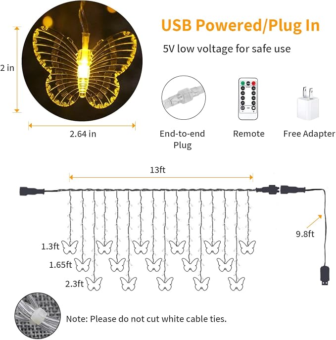 YOLIGHT Butterfly Curtain Lights 13ft 96 LED Fairy Light 8 Modes String Lights with Remote, Butterfly Hanging Decoration for Girls Room Bedroom Wall Ceiling Party Wedding Christmas (Warm White)