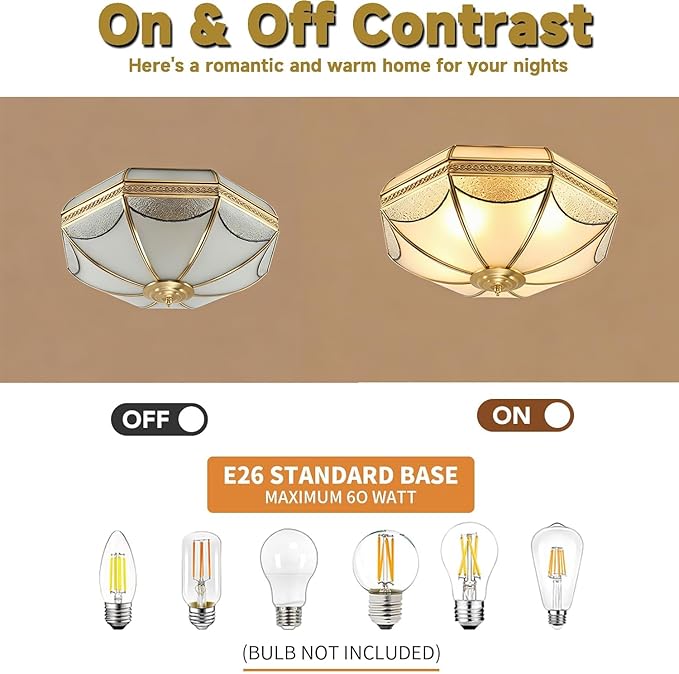 Brass Flush Mount Ceiling Light,3-Lights Dining Room Light Fixture,Frosted Glass Gold Lighting Fixture,Vintage Style Ceiling Lamp for Living Room Bedroom
