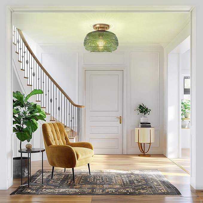 Semi Flush Mount Ceiling Light Fixture, 11" Vintage Gold Hallway Lights Fixture Ceiling with Green Glass for Kitchen, Hallway, Bathroom and Entry Way,Compatible with E26 Light Bulb
