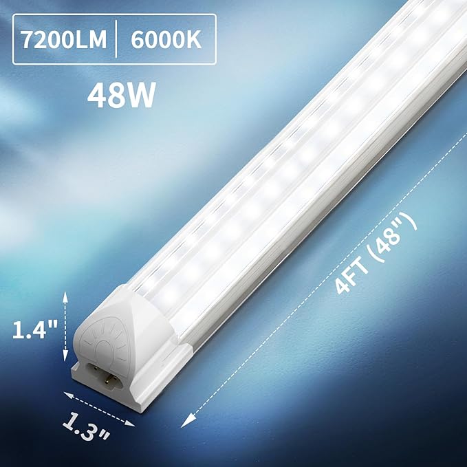SHOPLED (12 Pack LED Shop Light 4FT, 48W 7200LM 6000K Cool White, D-Shaped, Linkable LED Light Fixtures, T8 Tube Lights 4FT for Workshop Garage Basement, ETL Listed