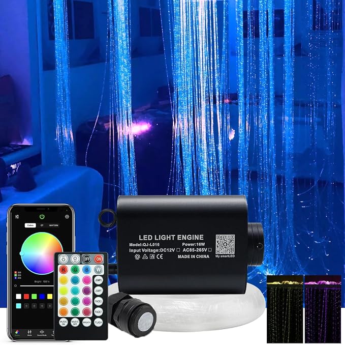 AKEPO 16W RGBW Fiber Optic Curtain Light Kit, Color Changing Waterfall Window Curtain Lights for Sensory Room and Home Decor with Flash Point Sparkle Cables 300pcs 9.8ft/3m 0.03in/0.75mm