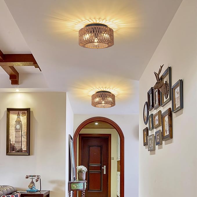 Boho Light Fixture，3-Light Farmhouse Rattan Light Fixtures Ceiling Mount，Flush Mount Ceiling Light with Hand-Woven Shade，Modern Chandelier for Living Bedroom Entryway Kitchen Nursery